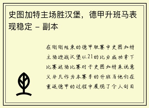 史图加特主场胜汉堡，德甲升班马表现稳定 - 副本